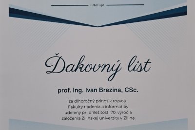 Fakulta riadenia a informatiky UNIZA ocenila prof. Ing. Ivana Brezinu, CSc. 